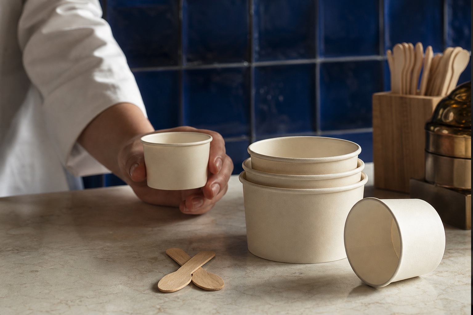 Unbranded paper gelato cups and wooden spoons on a counter