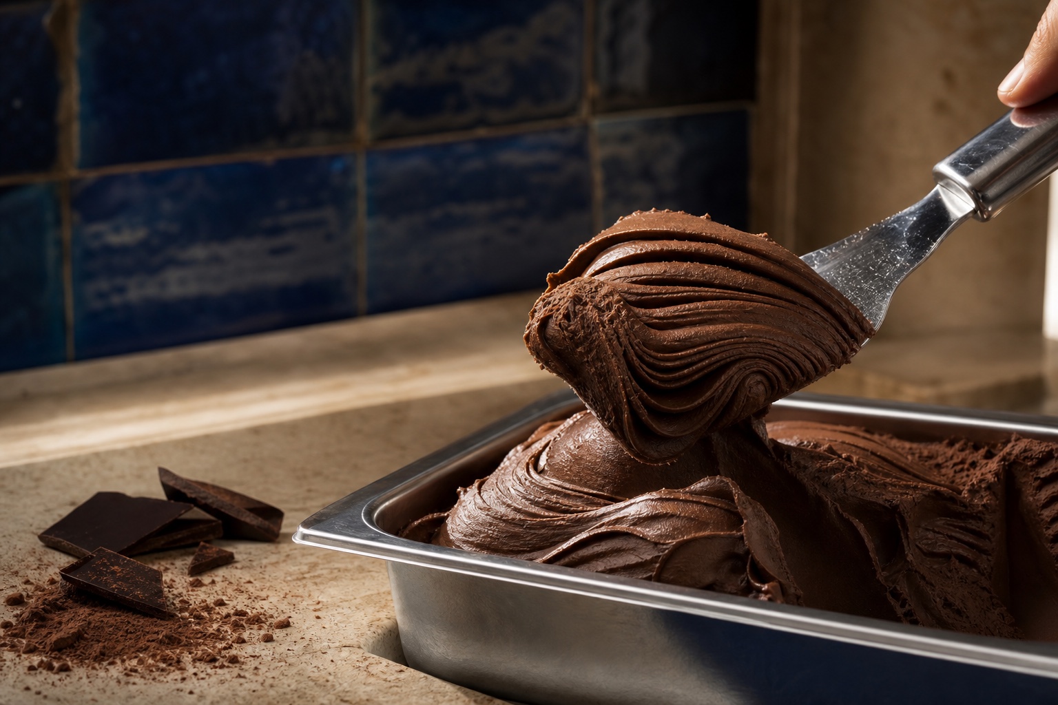 Dark chocolate gelato lifted from a steel pan