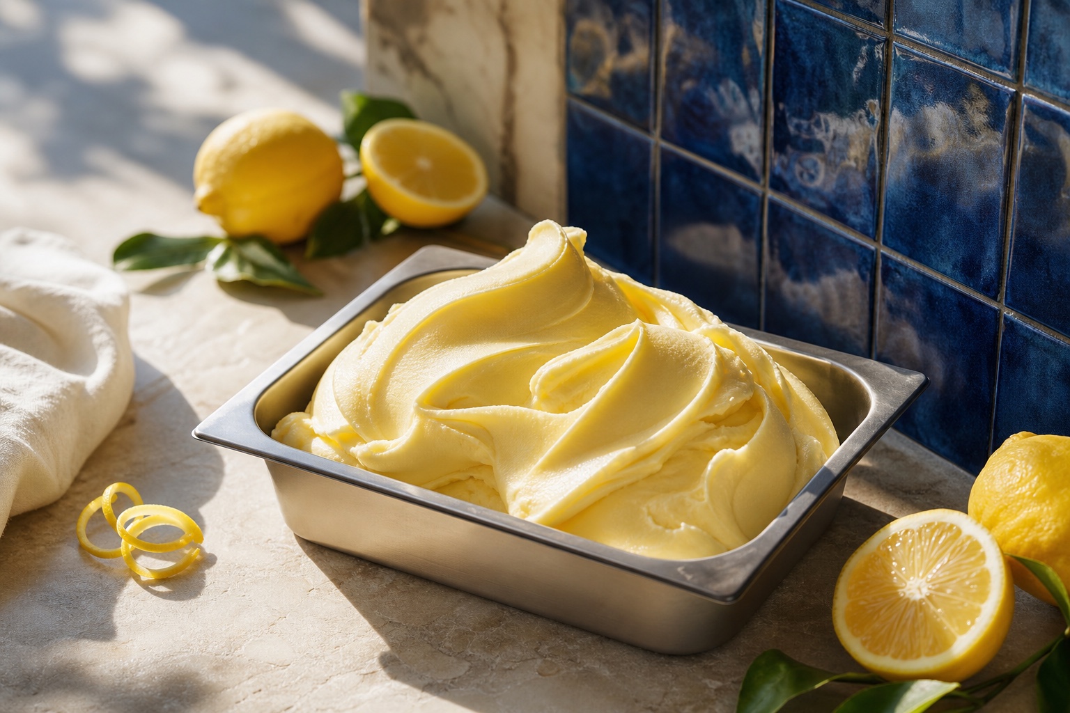 Lemon gelato in a steel pan with fresh lemons and citrus peel