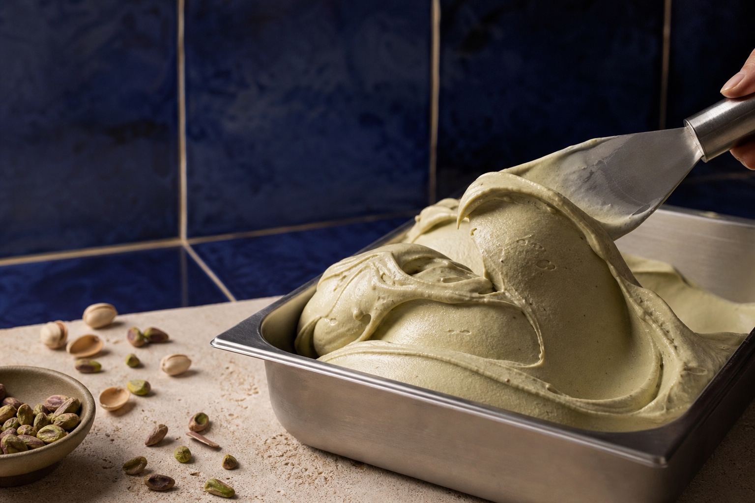 Pistachio gelato folded in a steel pan beside pistachios