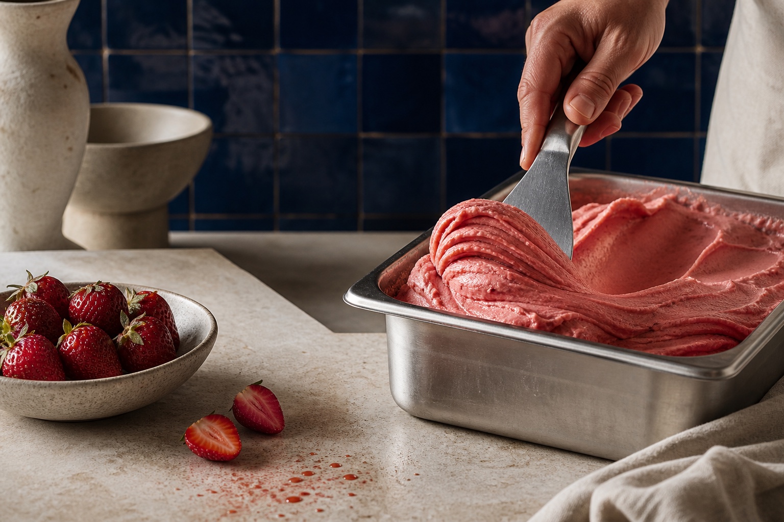 Strawberry gelato being folded beside ripe strawberries