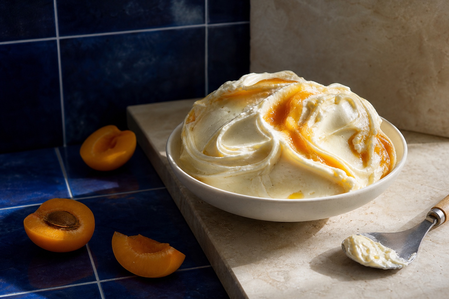 Vanilla gelato with apricot ribbons on a cobalt counter